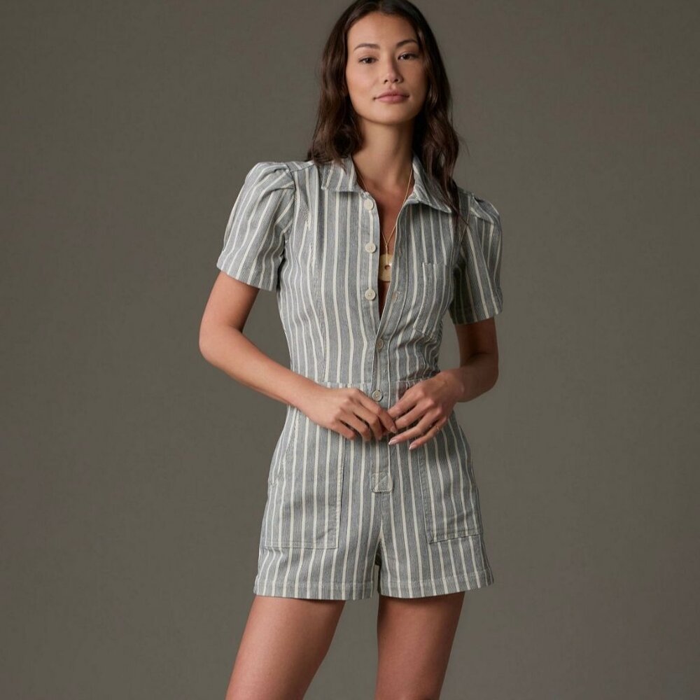 EUC Anthropologie Pilcro The Kit Utility Denim Romper Striped Sz 12 L $138